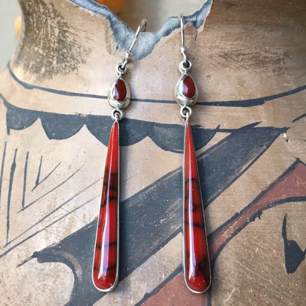 ATI Vintage Mexican Jewelry Taxco Sterling Silver Red Jasper Dangle Earrings